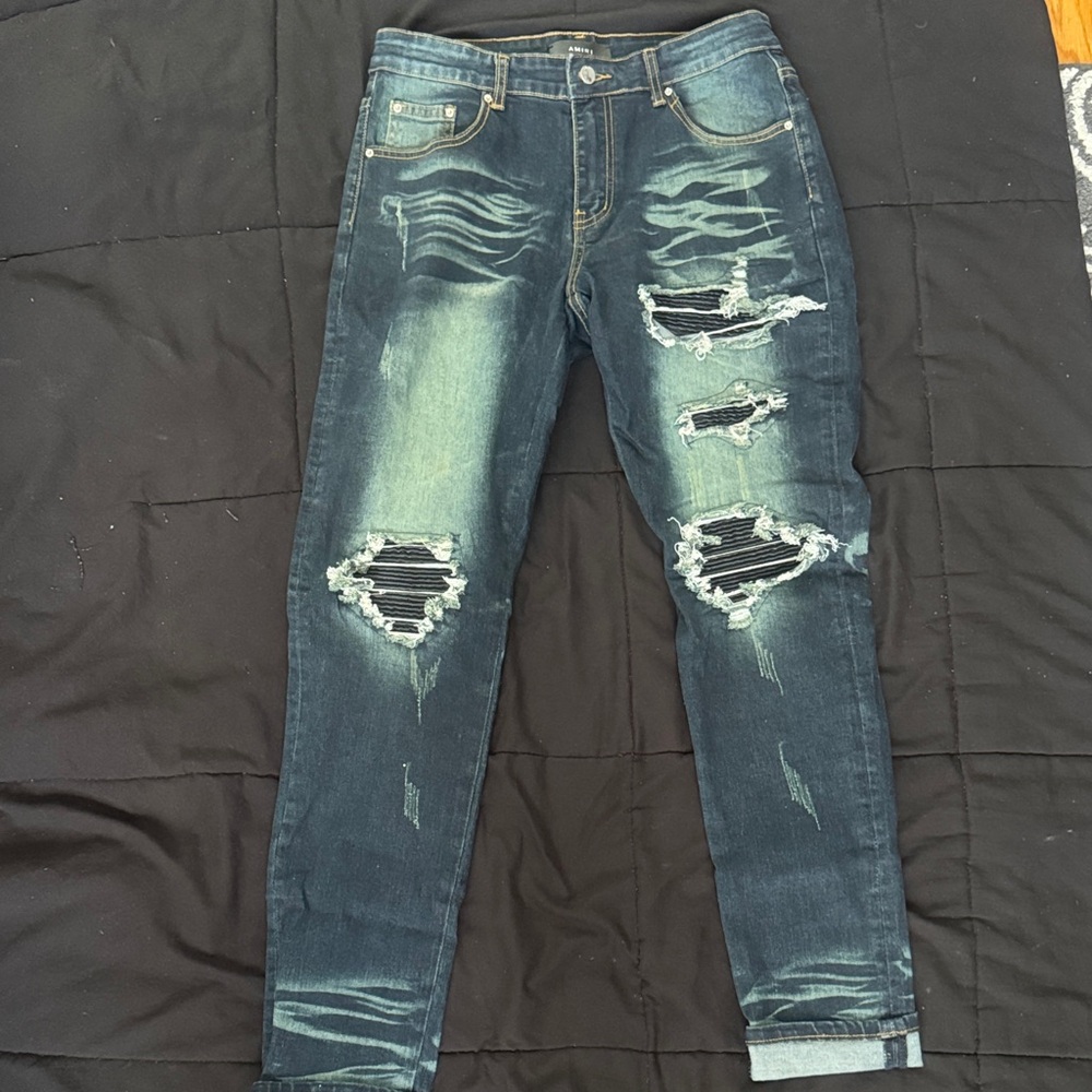 AMIRI Ripped Dark Blue Skinny Jeans